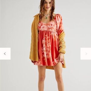 Free People 100% Cotton Peony Mini Puff Sleeve Babydoll Dress in Rose Pink